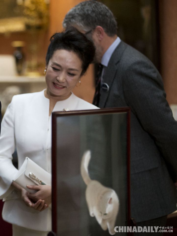 彭麗媛優雅白色套裝參觀皇室藏品