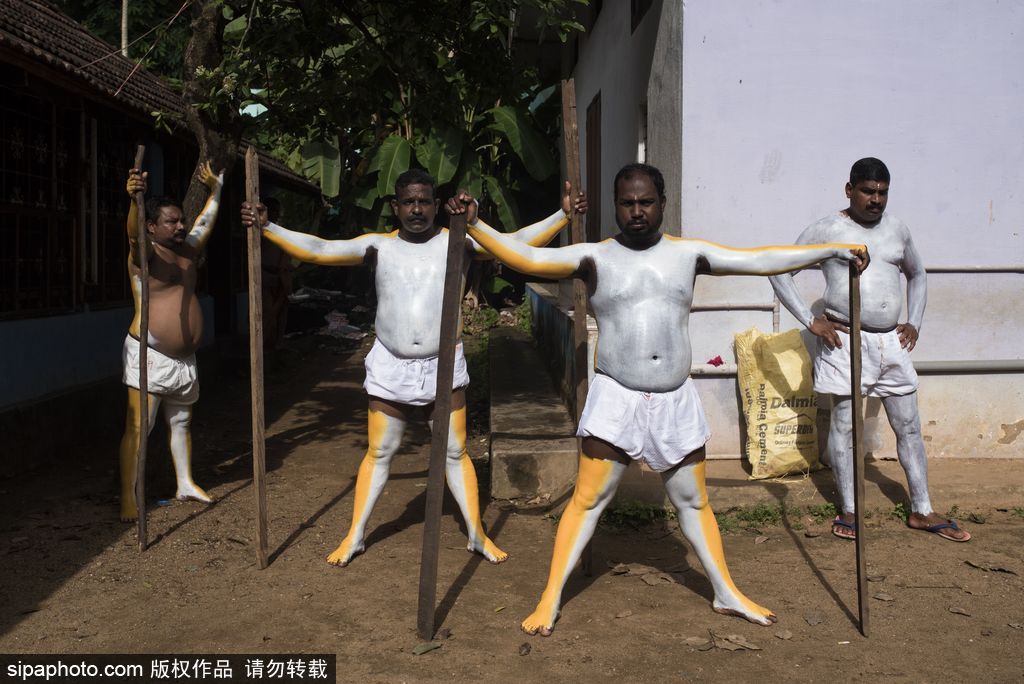 印度傳統(tǒng)虎舞的臺(tái)前幕后 表演者用顏料涂滿全身化身“猛虎”