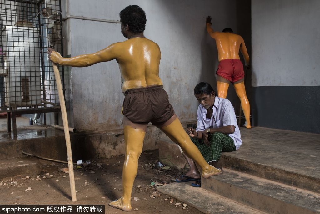 印度傳統(tǒng)虎舞的臺前幕后 表演者用顏料涂滿全身化身“猛虎”