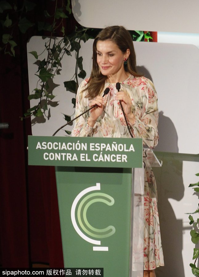 西班牙王后萊蒂齊亞出席抗癌活動 身著花色連衣裙優雅十足