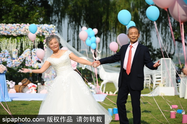 重陽節盡顯恩愛 杭州12對金婚老人走上紅毯