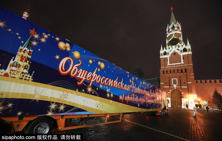 迎接圣誕節！ 巨型圣誕樹搭乘卡車運抵克里姆林宮