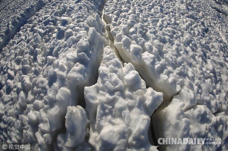 大連海水浴場變冰海 游人踏冰探險“極地冰原”