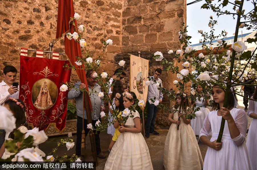 西班牙小鎮慶祝傳統節日 百名白衣“圣女”舉鮮花游行